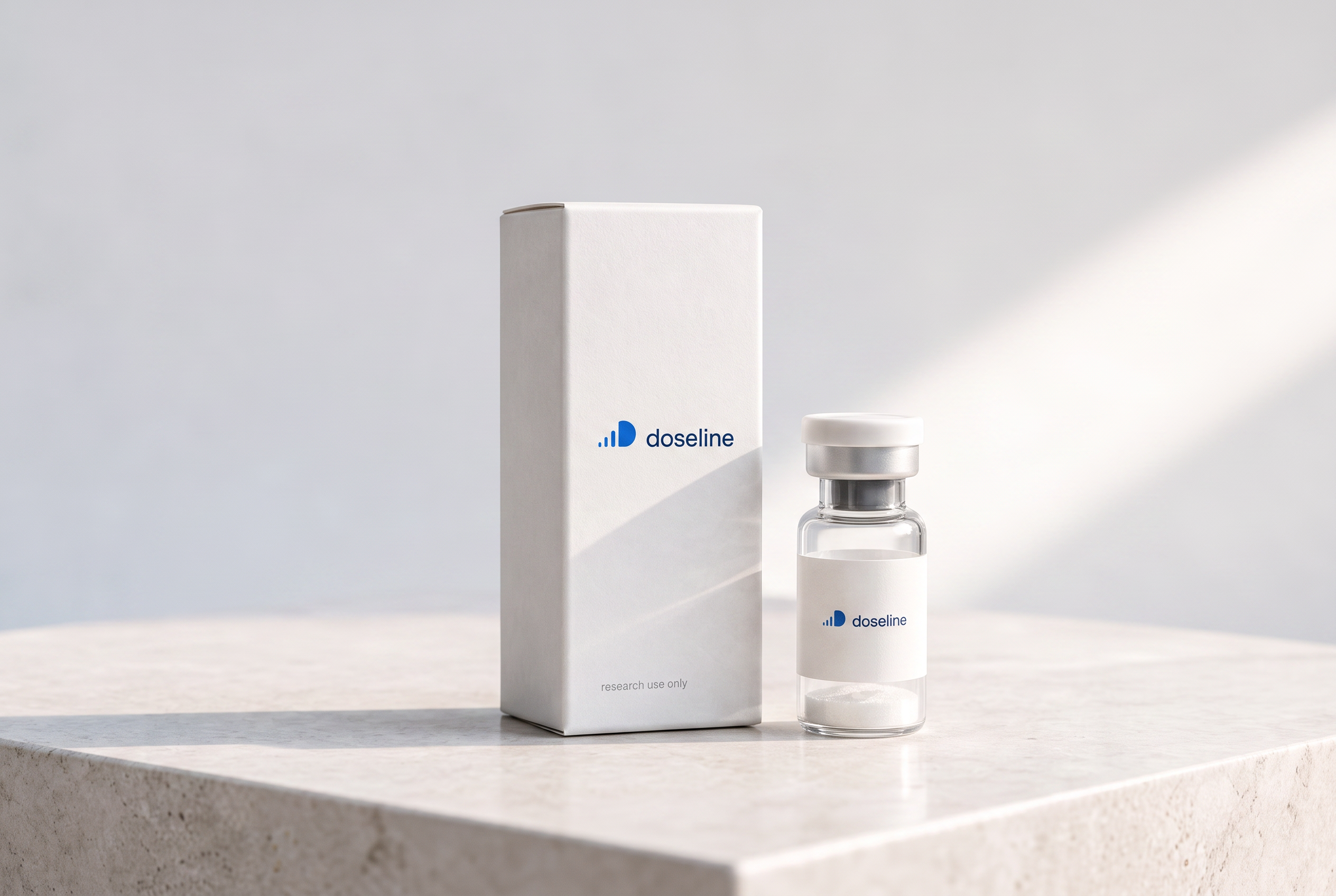 Doseline Labs research vial and carton, navy label with the open D mark
